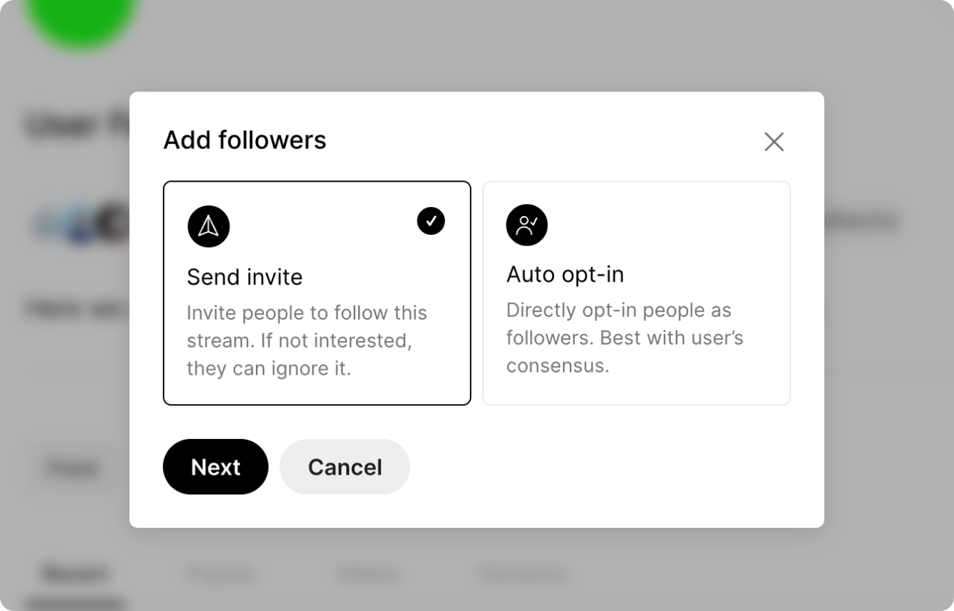 Opt-in people as followers of a stream