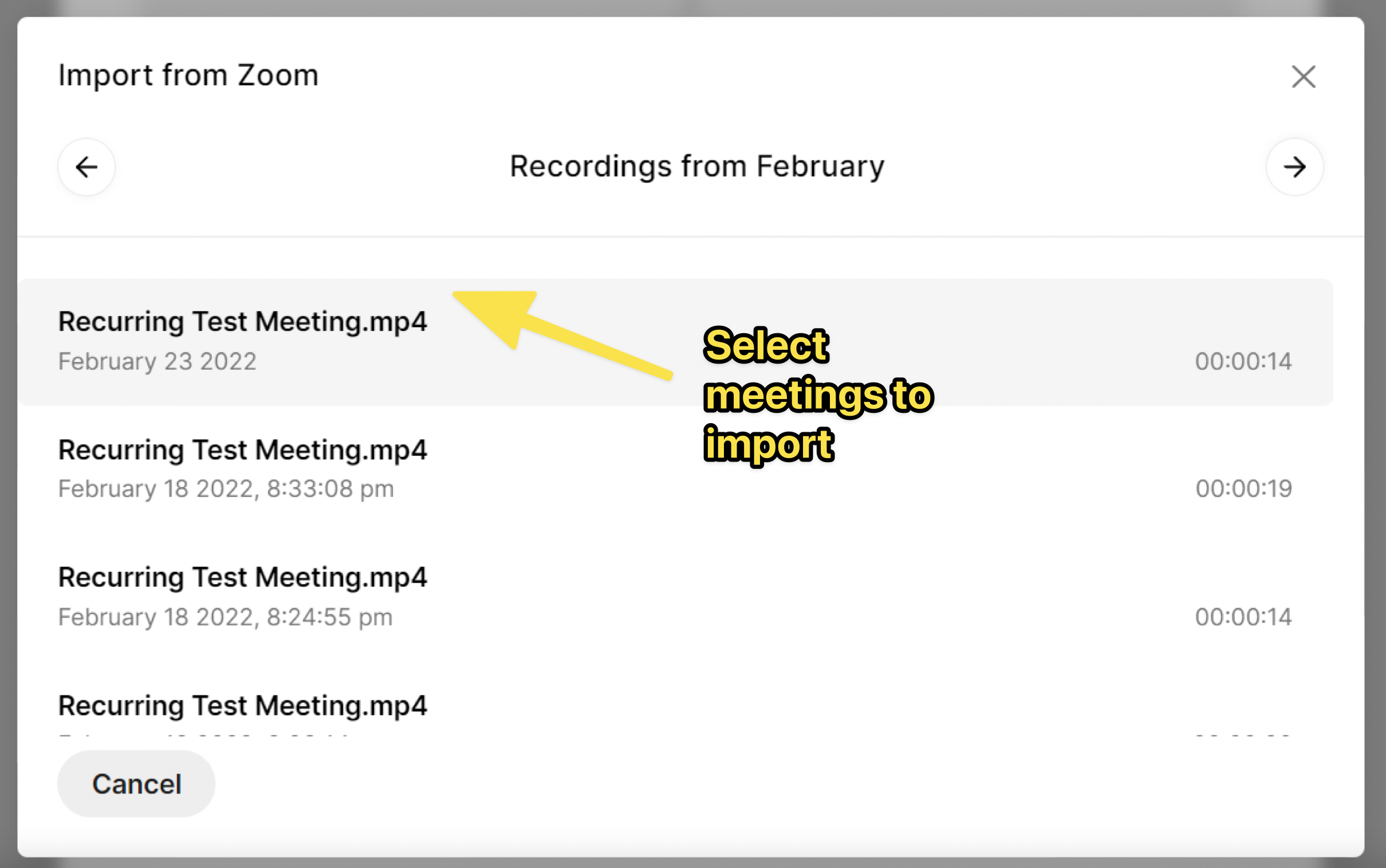 Select video recordings zoom meetings to import